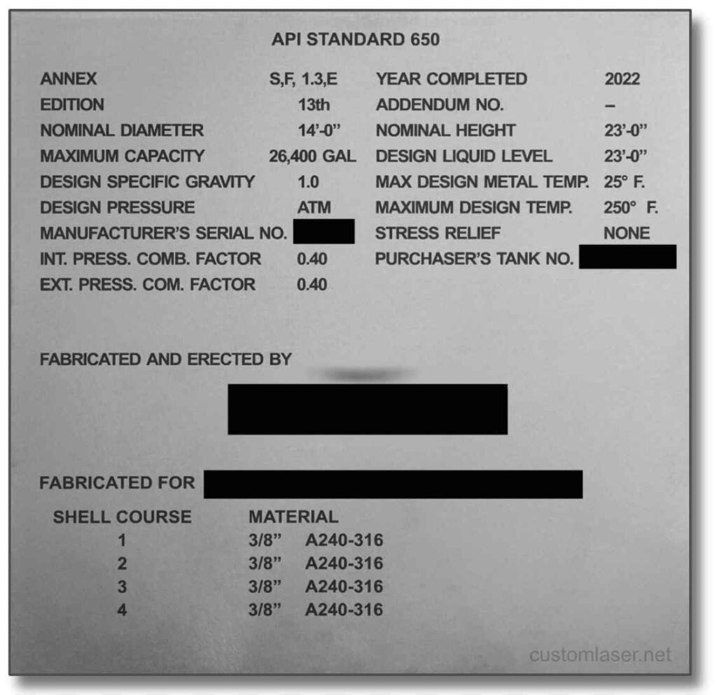 API 650 tank data and identification plate