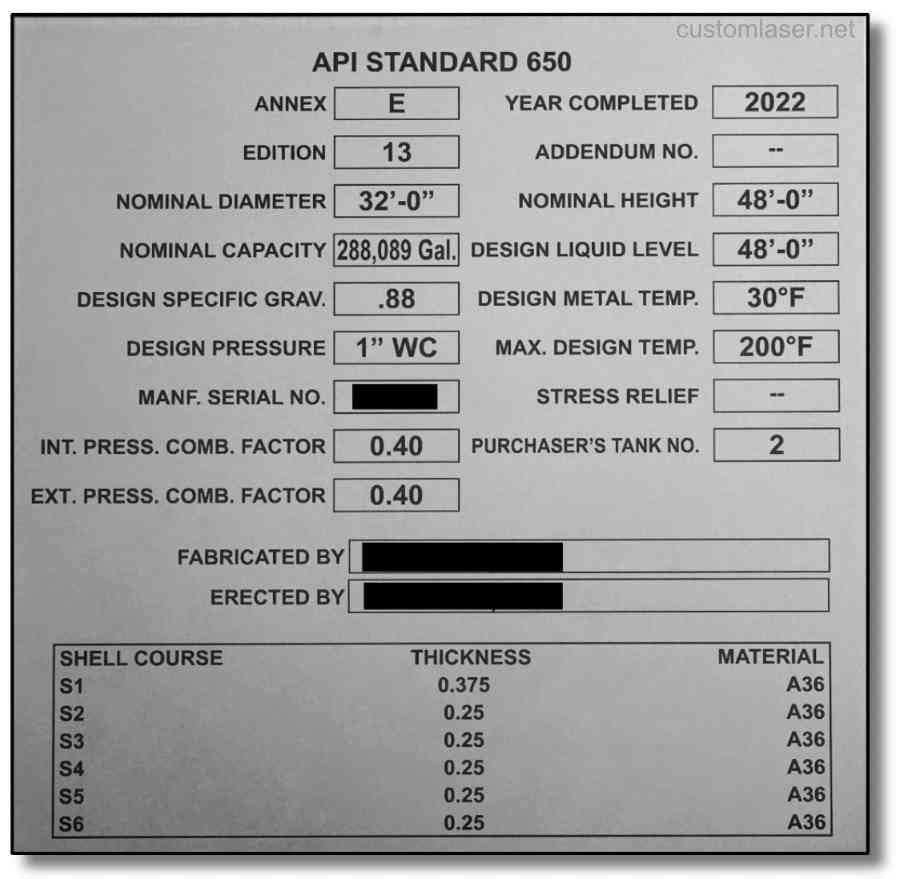 API 650 tank data and identification plate